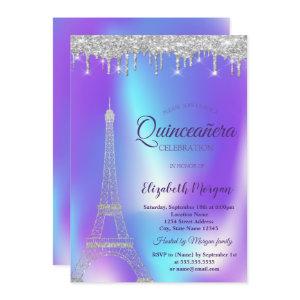 Silver Eiffel Tower,Drips Holographic Quinceañera
