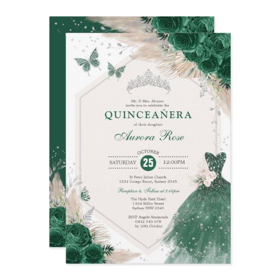 Silver Emerald Green Boho Roses Quinceañera Party