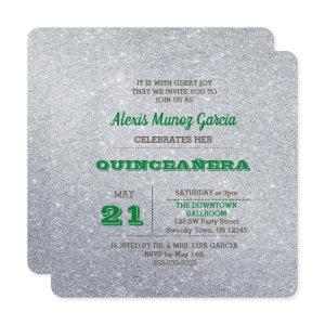 Silver & Emerald Green Sparkly Quinceañera
