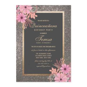 Silver Floral Leaf Watercolor Glitter Quinceañera