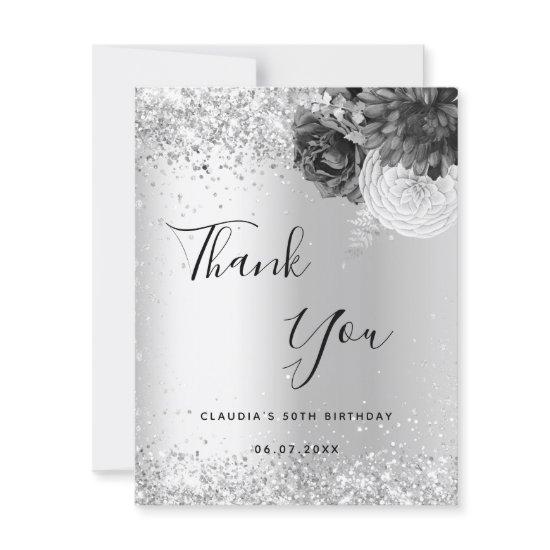 Silver florals sparkle elegant thank you card
