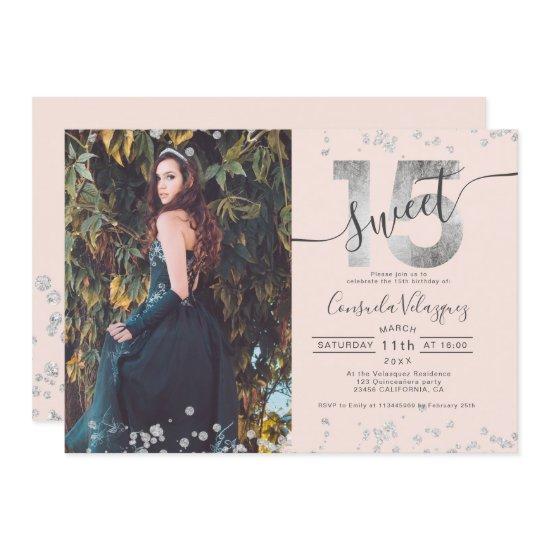 Silver foil confetti photo blush Quinceanera