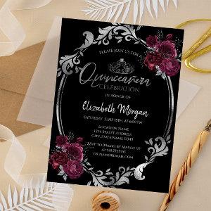 Silver Frame Burgundy Roses Black Quinceañera