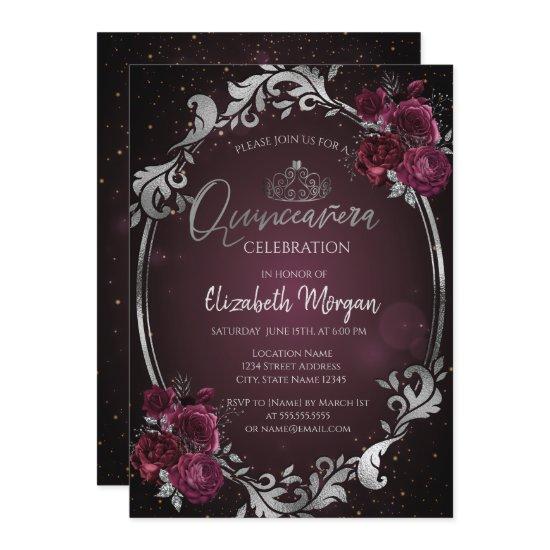 Silver Frame Burgundy Roses Dark Quinceañera