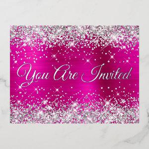 Silver Glitter and Hot Pink Glam Quinceañera Foil  Postcard
