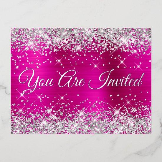 Silver Glitter and Hot Pink Glam Quinceañera Foil  Postcard