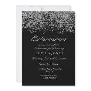 Silver Glitter Confetti Black Quinceanera Invite