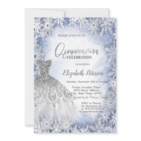 Silver Glitter Dress Blue Snowflakes Quinceanera