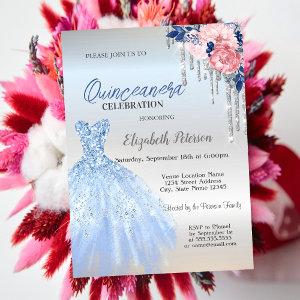 Silver Glitter Drips,Blue Dress Roses Quinceanera