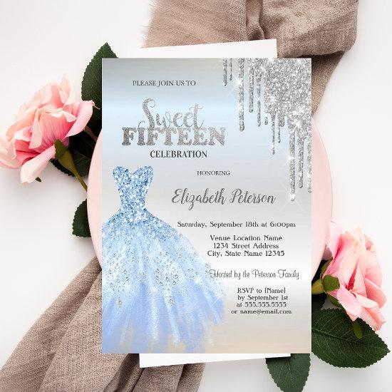 Silver Glitter Drips,Blue Dress Silver Sweet 15