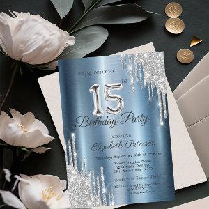 Silver Glitter Drips Blue Metallic 15th Birthday