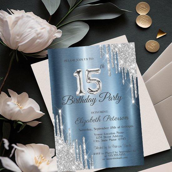 Silver Glitter Drips Blue Metallic 15th Birthday