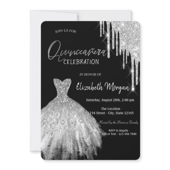 Silver Glitter Drips Dress Black Quinceañera