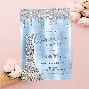 Silver Glitter Drips,Dress Blue Quinceañera