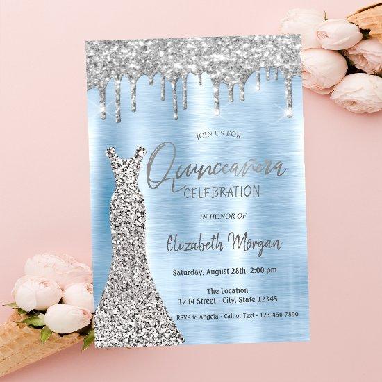Silver Glitter Drips,Dress Blue Quinceañera