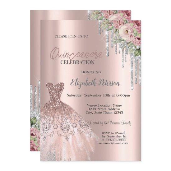 Silver Glitter Drips,Dress Flowers Quinceanera