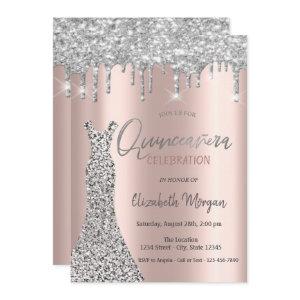 Silver Glitter Drips,Dress Rose Gold Quinceañera