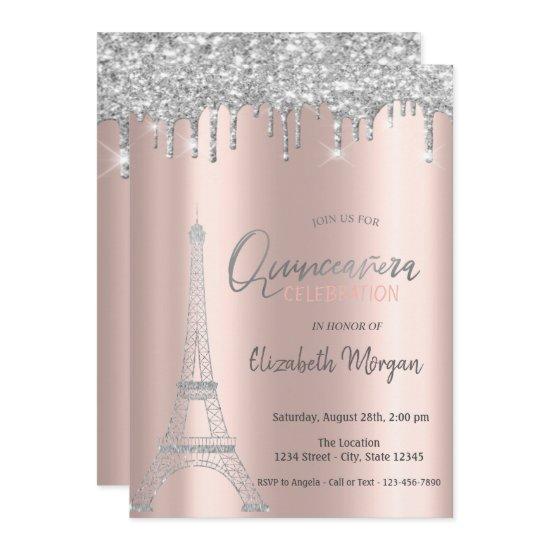 Silver Glitter Drips,Eiffel Tower Quinceanera