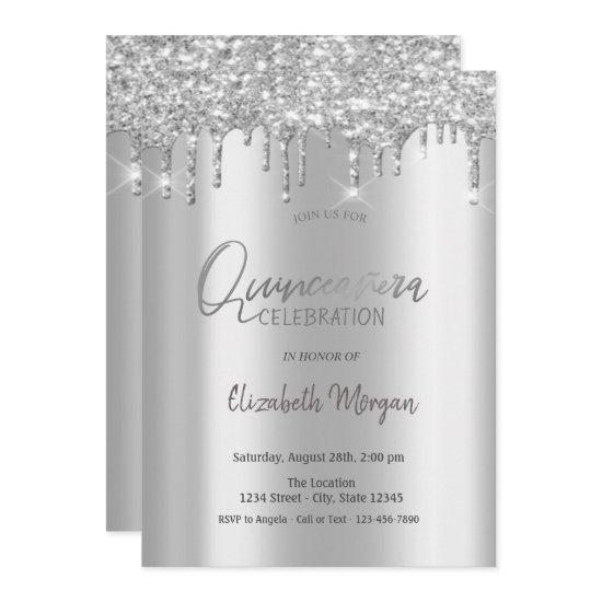 Silver Glitter Drips Silver Quinceañera