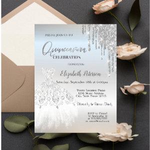 Silver Glitter Drips,White Dress Quinceañera
