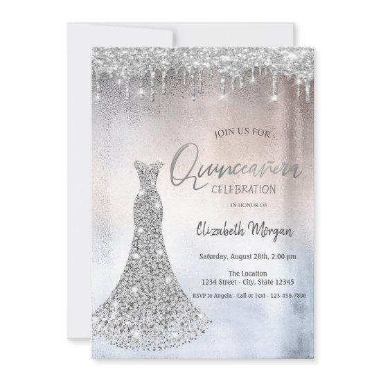 Silver Glitter Drops,Diamonds Dress Quinceanera