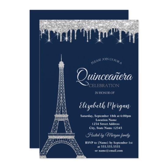Silver Glitter Eiffel Tower,Drips Quinceañera