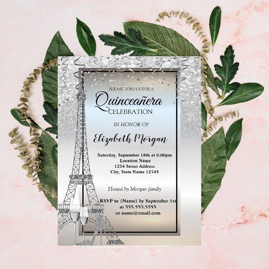 Silver Glitter Eiffel Tower,Glass Quinceañera
