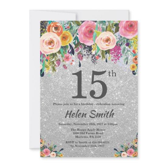 Silver Glitter Floral 15th Birthday