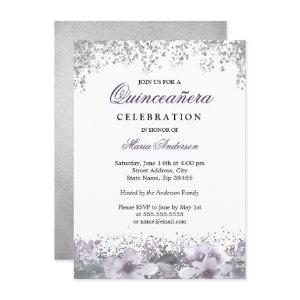 Silver Glitter Floral Purple Quinceanera Invite