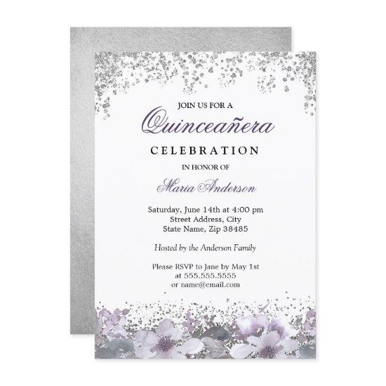 Silver Glitter Floral Purple Quinceanera Invite