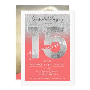 Silver glitter foil script coral quinceanera photo