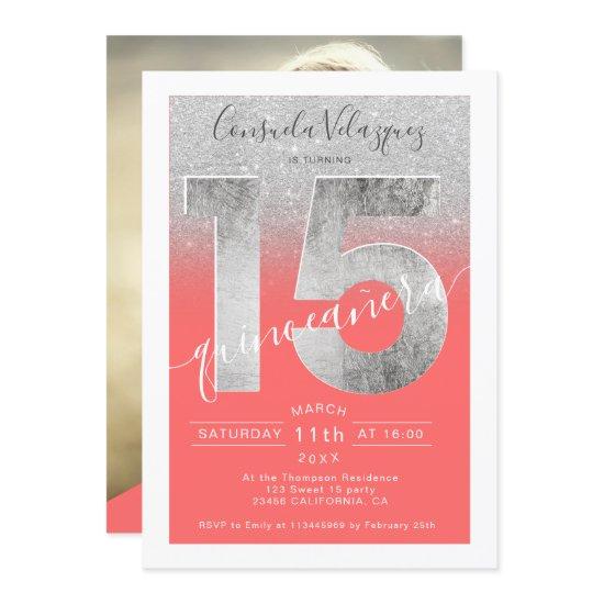Silver glitter foil script coral quinceanera photo