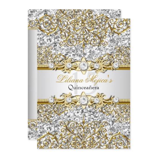 Silver Glitter & Gold Damask Quinceanera Invite