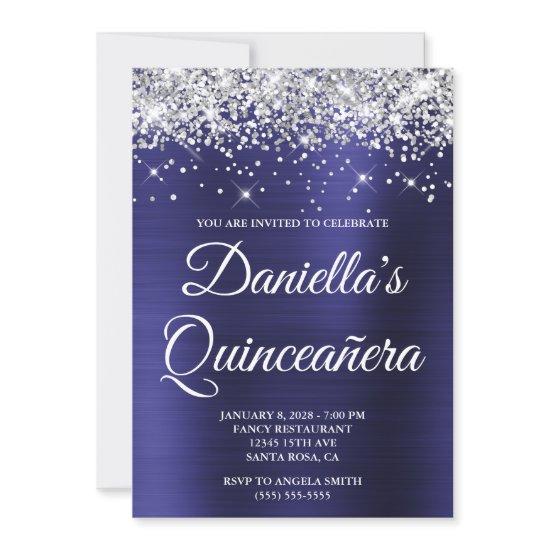 Silver Glitter Indigo Blue Foil Quinceañera