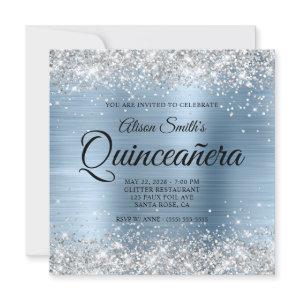 Silver Glitter Light Blue Monogram Quinceanera