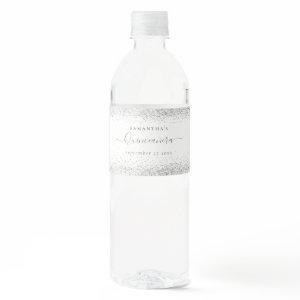 Silver Glitter Name Date Quinceañera Water Bottle Label