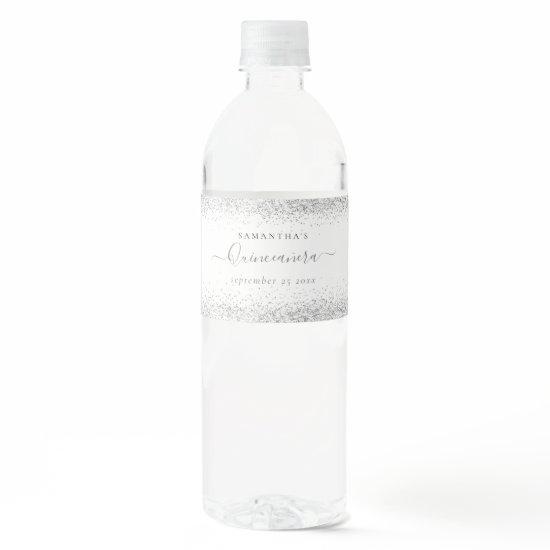 Silver Glitter Name Date Quinceañera Water Bottle Label