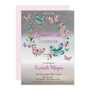 Silver Glitter Ombre, Butterfly Dots Quinceanera
