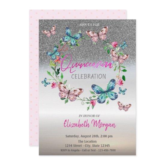 Silver Glitter Ombre, Butterfly Dots Quinceanera