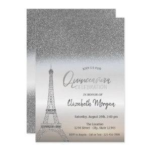 Silver Glitter Ombre, Eiffel Tower Quinceanera
