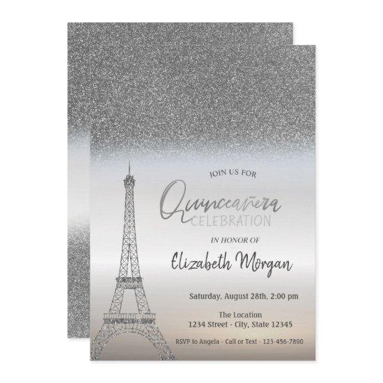 Silver Glitter Ombre, Eiffel Tower Quinceanera