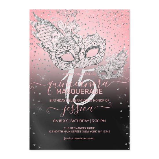 Silver Glitter Pink Black Masquerade Quinceañera