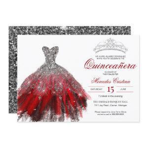 Silver Glitter Red Gown Elegant Quinceañera