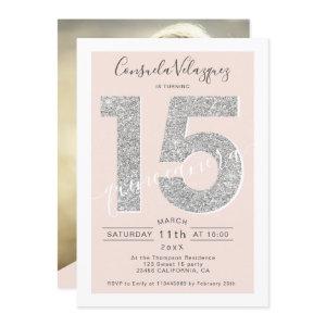 Silver glitter script blush quinceanera photo