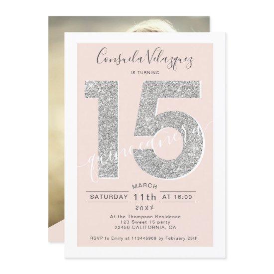 Silver glitter script blush quinceanera photo