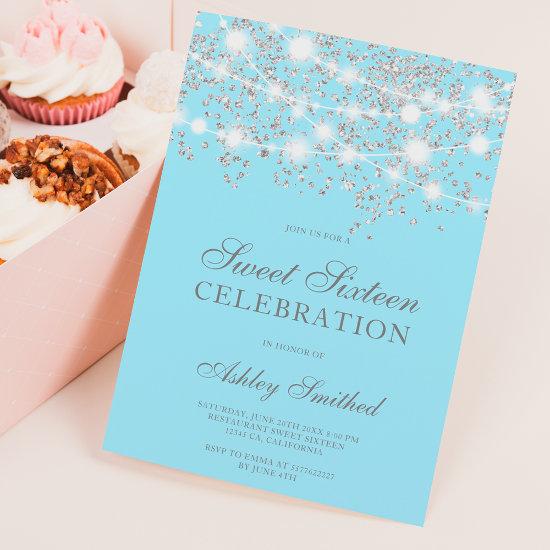 Silver glitter sparkles ice blue sweet sixteen