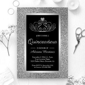 Silver Glitter Tiara Princess Black Quinceanera