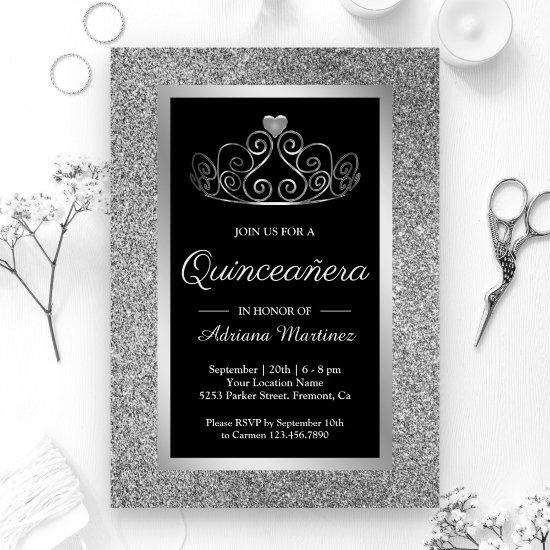 Silver Glitter Tiara Princess Black Quinceanera