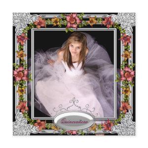 Silver Gold Coral Pink Flowers Photo Quinceanera