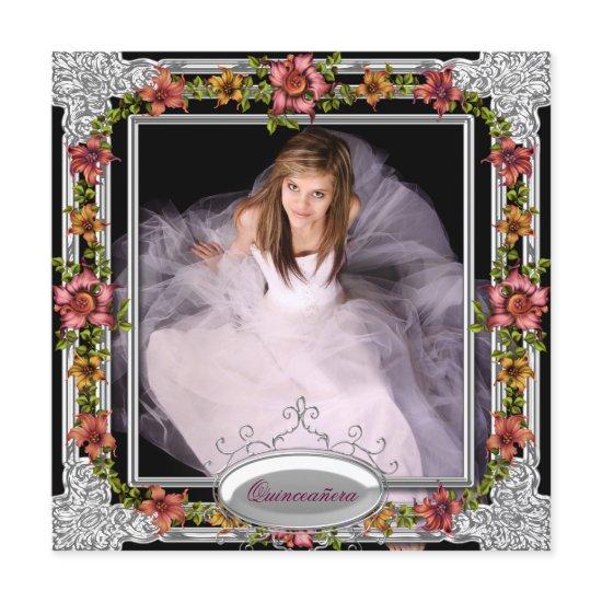 Silver Gold Coral Pink Flowers Photo Quinceanera